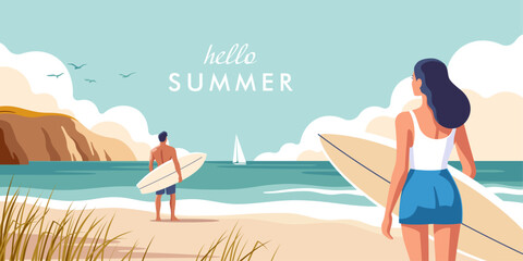 Concept of summer party, vacation and travel. Summer beach scene featuring surfers enjoying a beautiful sunny day with gentle waves and a sailboat in the distance. Vector illustration.