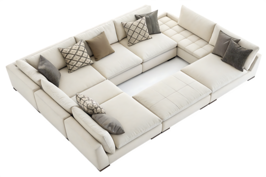 Luxurious modular white sofa with pillows for modern living room interior design and comfortable seating arrangement