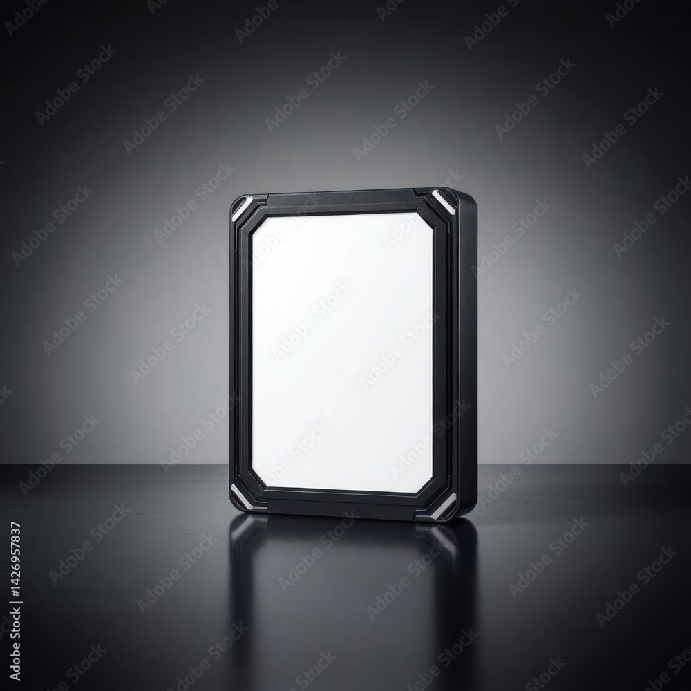Poster sleek modern display with stark black frame and illuminated white screen, ideal for art or informati