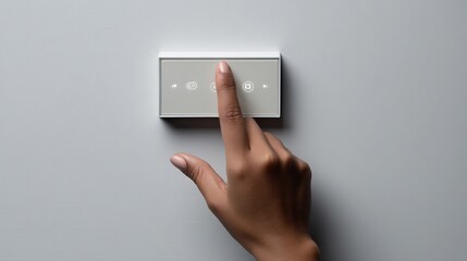 Elegant smart home control panel interface operation on neutral gray backdrop
