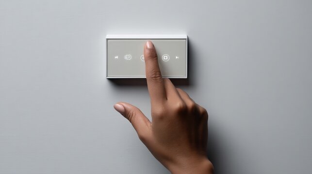 Elegant smart home control panel interface operation on neutral gray backdrop