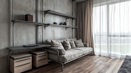 An industrial-modern-style small living room with metal pipe floating shelves lining one wall
