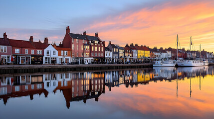 Naklejka premium Colorful Sunset Over European Waterfront Town