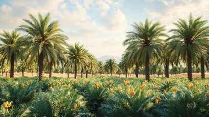 Obraz premium Palm trees and yellow flowers in a desert landscape