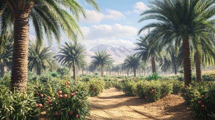 Fototapeta premium Palm oasis path under sunny sky
