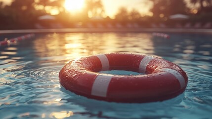 Poolside life preserver at sunset, resort background, safety