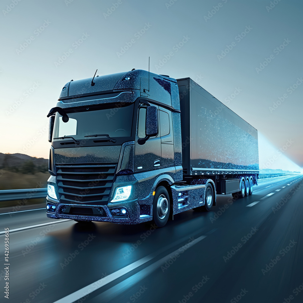 Aufkleber futuristic ai-powered truck driving fast on highway. digital transport tech with automation, network