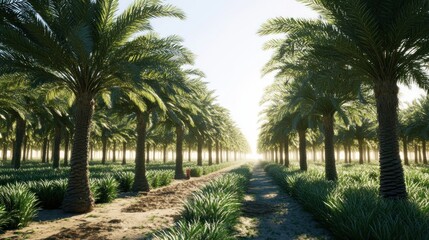 Obraz premium Palm grove pathway at sunrise. Lush greenery lines a pathway, leading to a bright sunlit horizon