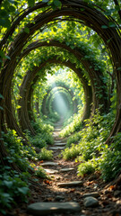 A captivating permaculture tunnel made with vines, showcasing a walkway at sunrise or sunset.