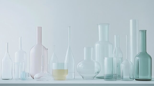 Laboratory glassware displayed against a white backdrop.
 