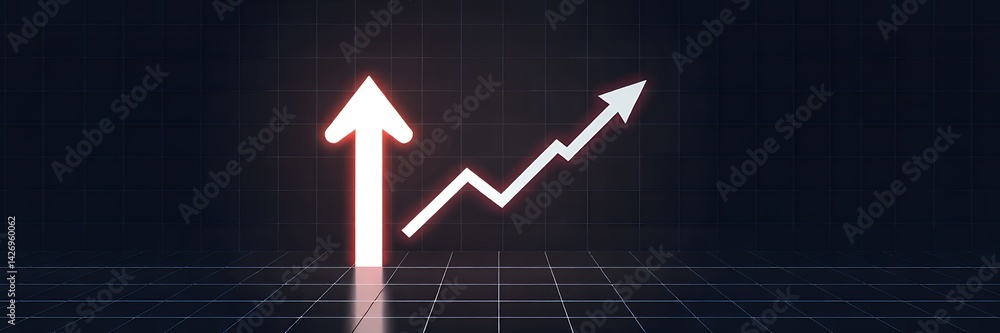 Poster an upward trending arrow with a glowing base on a dark grid background symbolizing growth and succes