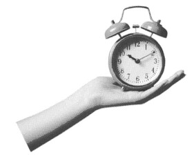 Halftone hand holding alarm clock in vintage collage style. Ringing alarm clock. Newspaper elements.