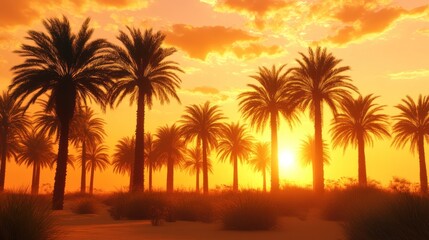 Palm trees silhouetted against a vibrant orange sunset over a desert landscape