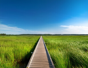 A wooden boardwalk stretching across a lush green wetland, leading into the horizon under a clear blue sky.