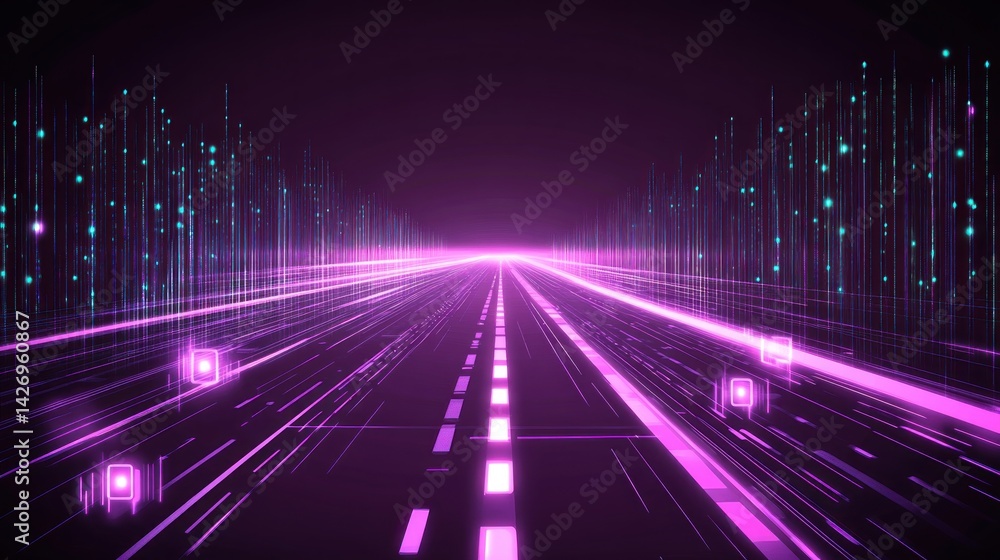 Poster futuristic highway illuminated by digital data streams.