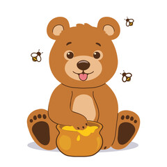 Cute cartoon bear with pot of honey and bees flying around, sitting and smiling on a white background.
