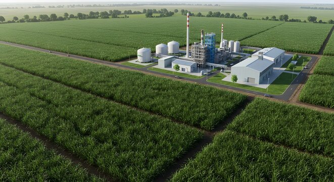 Aerial View Sugarcane Ethanol Plant Biofuel Production Green Energy