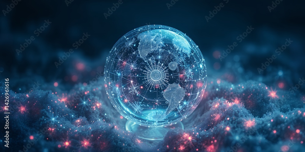 Poster a glowing globe with world map design on a stand surrounded by clouds and small light particles