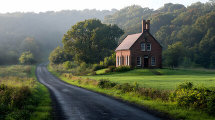 Fototapeta premium Abandoned Red Brick Cottage On A Country Road In Misty Morning Light