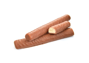 Chocolate praline long filled with milk cream isolated on white