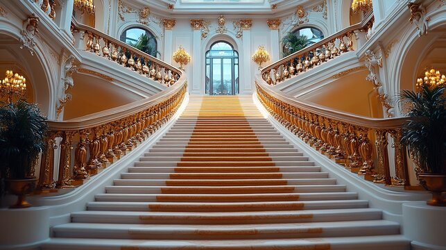 Grand, ornate, sweeping staircase.  Elegant, opulent interior, with gold detailing and rich yellow carpet.  Large arched windows and a grand design