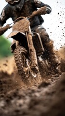 A close-up shot of a dirt bike navigating through muddy terrain, capturing dynamic movement and flying dirt for an exhilarating off-road experience.