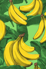 yellow cute banana pattern on green background pop art design, banner design 