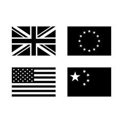 Flag icon set. Flag of the United Kingdom, Europe, United States and China. Vector icon isolated on white background.