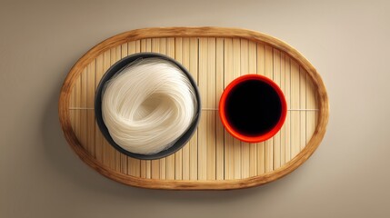 A top-down view of a traditional dish featuring noodles in a bowl alongside a small cup of dark liquid, presented on a bamboo tray.
