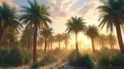 Lush palm grove at golden hour