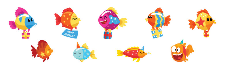 Funny Fish Character Floating with Gift Box Celebrating Holiday Vector Set