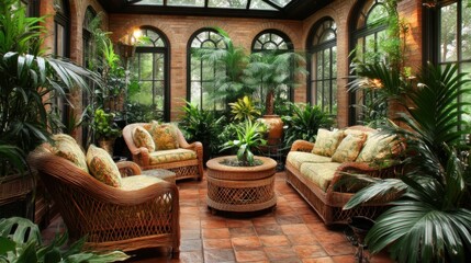 Obraz premium Sunroom with lush greenery and wicker furniture