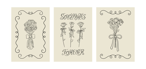 Set of romantic elegant greeting cards with bouquets of roses, hand drawn whimsical borders and calligraphy quote soulmates forever. Vector line illustration in vintage coquette sketch style