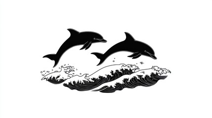 Fototapeta premium Two dolphins leaping over ocean waves
