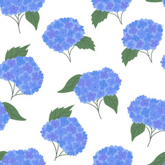 Botanical seamless pattern with blue hydrangea flowers and leaves. Floral blossom vector flat background