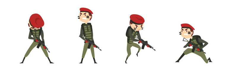 Military Man Soldier Character with Weapon on Battle Field Vector Set