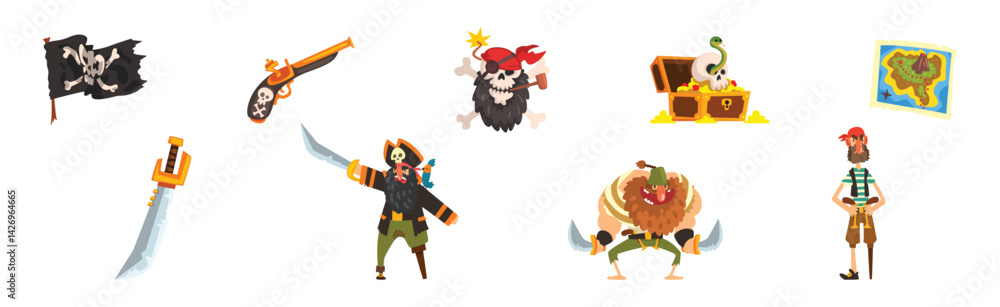 Poster pirate and corsair object and element vector set
