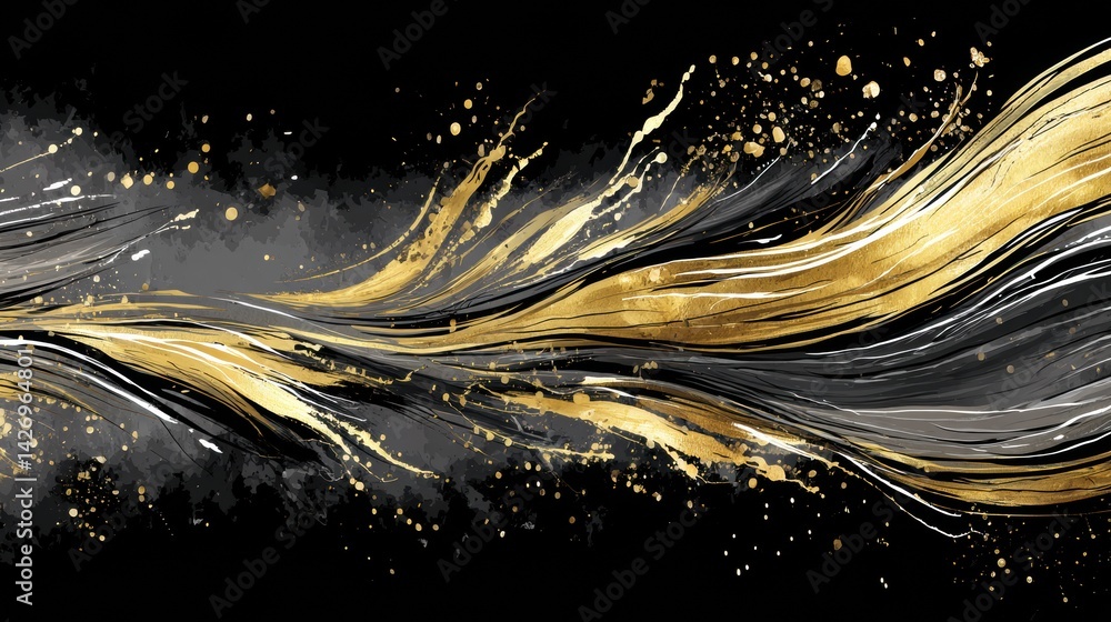 Poster liquid black gold flows in a glossy brushstroke pattern across a dark background, creating an elegan