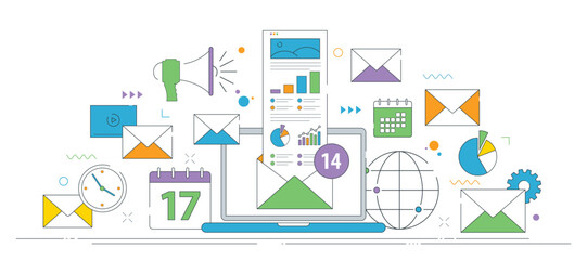 Email marketing analytics and communication strategy with digital reports and engagement metrics.
