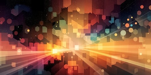 Obraz premium Abstract background with geometric shapes, light rays, and a starry night sky overhead view