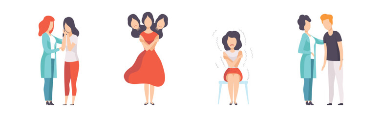 Mental Health Therapy with Doctor and Patient Get Medical Support Vector Set