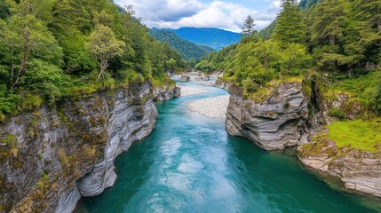Turquoise river winding through lush mountains