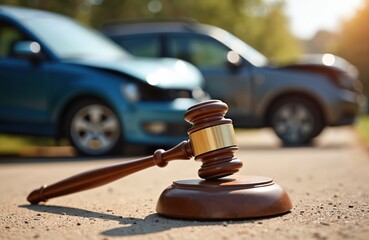 Image features car accident scene with gavel in the foreground. Damaged vehicles symbolize legal consequences, insurance claims. Law concept, traffic incident, road hazard.