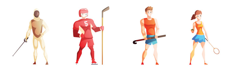 Man and Woman Athlete Character Engaged in Different Sport Vector Set