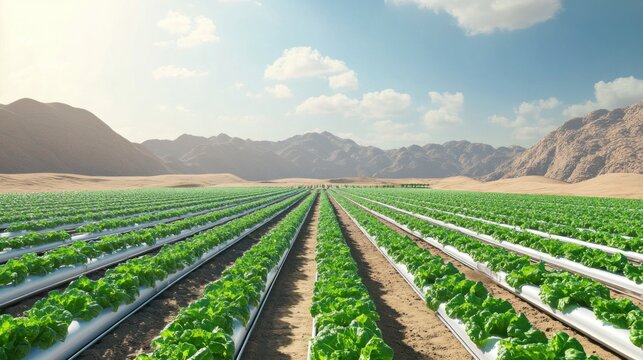 Lettuce farm in desert landscape.  Rows of vibrant green lettuce plants in  hydroponic channels.  Sunny day in a mountainous desert region