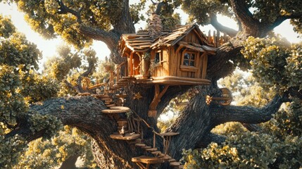 Wooden treehouse nestled in giant oak