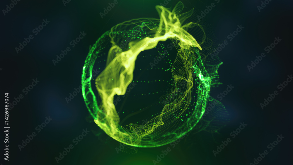 Poster a glowing green energy sphere with intricate grid and particle patterns in dark space futuristic bac