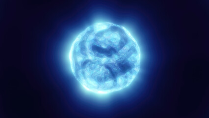 A glowing blue sphere with fluid textures, appearing as an abstract cosmic orbi in deep space