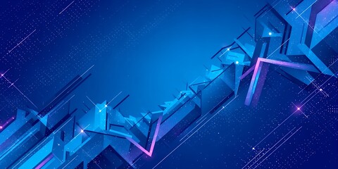 Abstract blue background with geometric shapes, lines, and sparkling star like particles