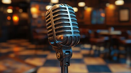 Vintage microphone on stage, pub background, music performance, entertainment